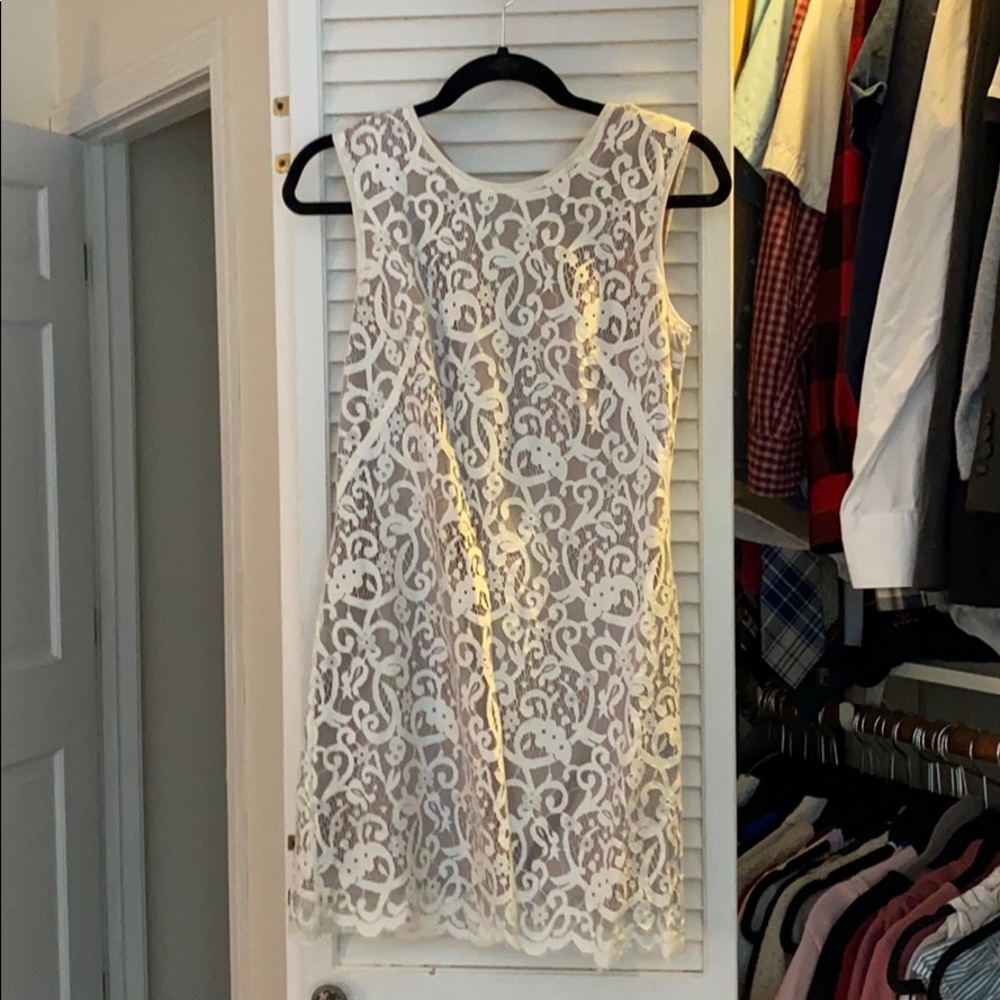 Loft White and Tan Shift Lace Dress